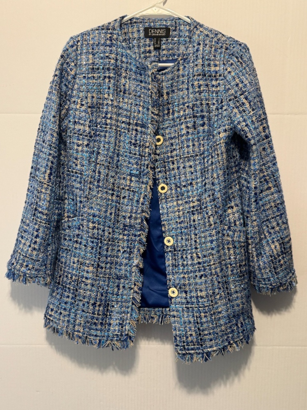 Dennis Basso Blue Boucle Tweed Fringe Jacket Blazer Size 2